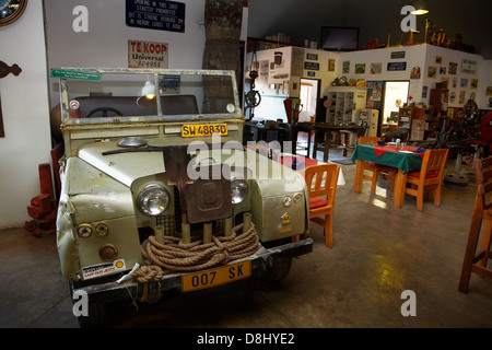 Old Landrover in Canon Roadhouse restaurant, near Fish River Canyon, Southern Namibia, Africa Stock Photo