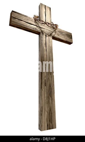 A wooden cross that has a christian woven crown of thorns on it depicting the crucifixion on an isolated background Stock Photo