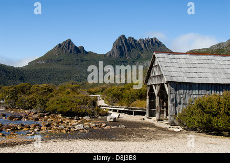 Fishing Hut on Dove Lake, Cradle Mountain National Park, Tasmania, Australia Stock Photo