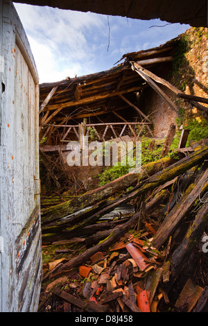A collapsed roof in an old building in France. Stock Photo