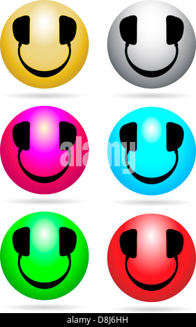 Glossy Smiley icons with headphones in place of eyes and mouth Stock Photo