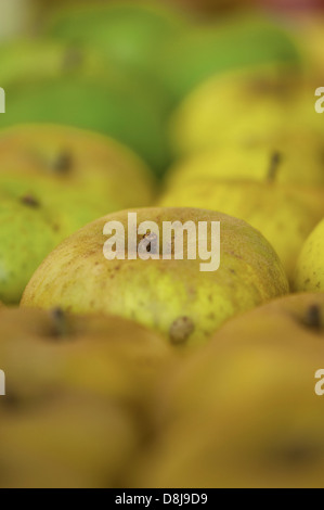 Close-up image showing several apples arranged on a flat surface with selected focus on one in particular. Stock Photo