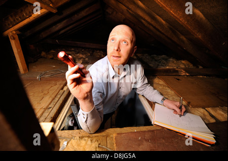 Energy Surveyor Mark Sopala inspects the loft at a domestic home in Bristol in order to optimise the heat efficiency of the hous Stock Photo