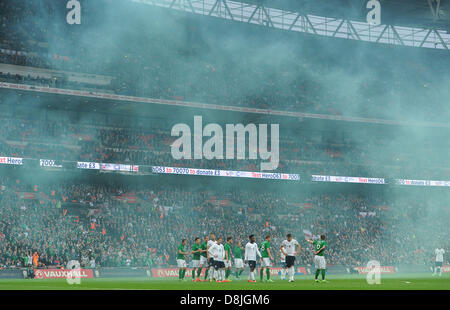 29.05.2013 London, England. Smoke billows across the pitch as England prepare to take a free kick during the International Friendly between England and Republic of Ireland from Wembley Stadium. Stock Photo