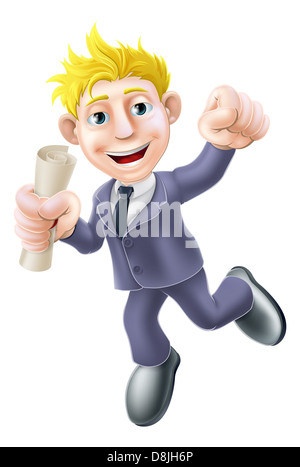 A happy man in business suit with certificate or qualification jumping with fist clenched. Education concept career development. Stock Photo