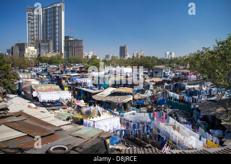 People at Dhobi Ghat, the world's largest outdoor laundry on December 12, 2012 in Mumbai, India. Stock Photo