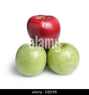 one red and three green apples in piramid, leader on top Stock Photo