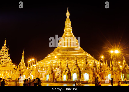 Golden Shwedagon temple the main buddhist stupa at night in Burma, Yangon, Stock Photo