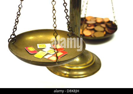 Mobile phone Sim cards on a scale Stock Photo