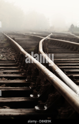 Railway in fog on station Stock Photo