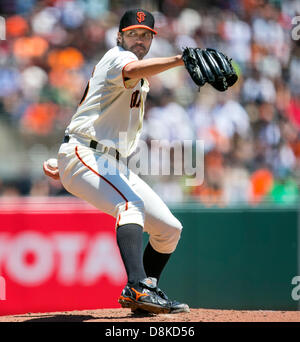 May 30, 2013: San Francisco Giants starting pitcher Barry Zito (75) in action during the MLB baseball game between the Oakland A's and the San Francisco Giants at AT&T Park in San Francisco CA. The Giants defeated the A's 5-2. Stock Photo