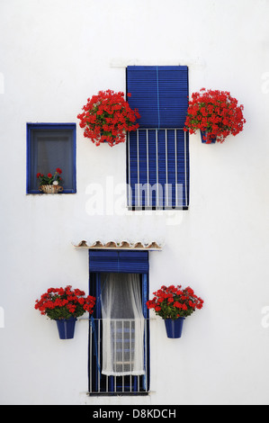 Blumenschmuck an Hausfassade Stock Photo