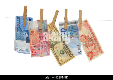 Money Concept: 50000 Rupiah (Indonesia), 20 Franc (Swiss), 10 Dollar, 20 Euro and 1000 Colones (Costa Rica) - Isolated on white Stock Photo
