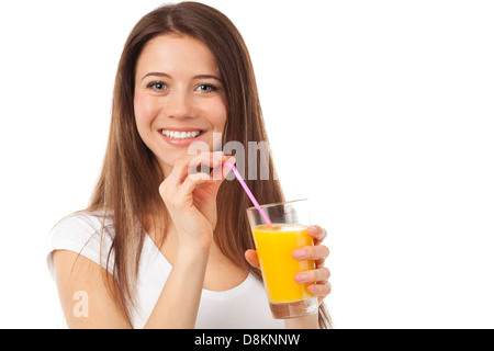 Portrait of a woman with a glass of orange juice, isolated on white Stock Photo