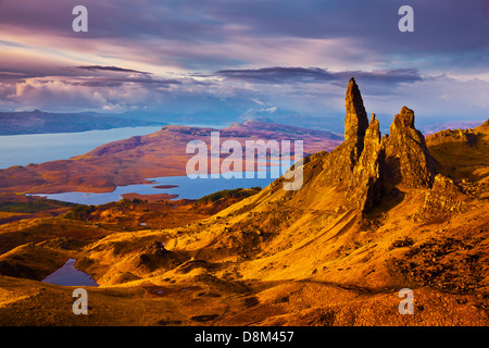 Isle of Skye The Old Man of Storr at dawn sunrise Trotternish peninsula Isle of Skye Highlands and Islands Scotland UK GB EU Europe Stock Photo