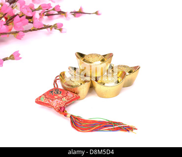 Chinese new year ornament on white background,calligraphy mean happy new year,chinese knot. Stock Photo