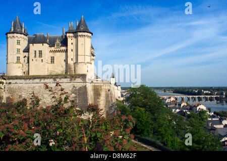 Views of the Castle of Saumur and the Loire River from the lookout. Meandering the steep streets got to domains of the castle, where you get one of the best views of this area of the Loire Valley. Stock Photo