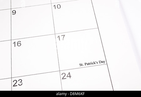 A calendar page showing 17th March, Saint Patrick's day, space left blank. Stock Photo