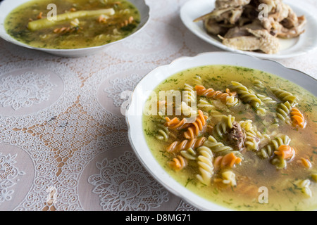 Broth with chicken, turkey and beef, Polish cuisine. Stock Photo