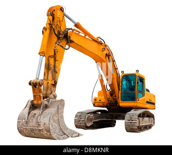 Yellow excavator isolated over white Stock Photo