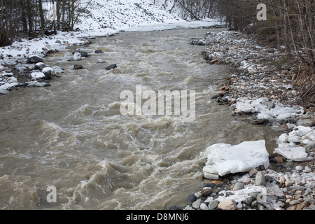 Early spring thaw brings water and ice down the Cold River at Mohawk Trail State Forest along Rte 2 in Western Massachusetts. Stock Photo