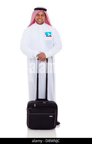 happy male arabian business traveller with luggage and air ticket Stock Photo