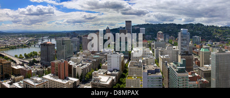 Portland Oregon Downtown Cityscape Aerial View with Cumulus Clouds Panorama Stock Photo