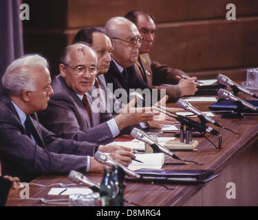 June 3, 1988 - Moscow, RU - Soviet leader MIKHAIL GORBACHEV gestures while answering a question at a press conference during the Moscow Summit. It was the fourth summit meeting between U.S. Pres. RONALD REAGAN and General Secretary of the Communist Party of the Soviet Union Gorbachev, and Reaganâ€™s first trip to Moscow. Held on May 25, 1988-June 3, 1988, Reagan and Gorbachev finalized the Intermediate-Range Nuclear Forces Treaty (INF). On the dais, left to right: EDUARD SHEVARDNADZE, Soviet Minister of Foreign Affairs, Gorbachev, GENNADI GERASIMOV, foreign affairs spokesman for Gorbachev, ANA Stock Photo