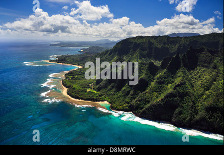 Aerial View of beach and reef system on the Hawaiian Island of Kauai Stock Photo