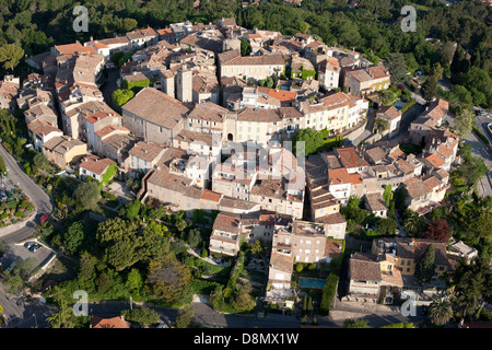 AERIAL VIEW. Hilltop medieval village. Mougins, French Riviera, Alpes-Maritimes, France. Stock Photo