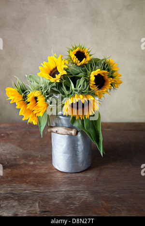 Still life of beautiful decorative sunflowers in a vase on a chair on a ...