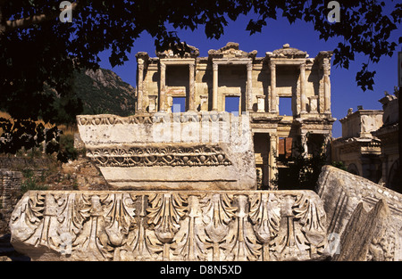 Facade of the Roman Library of Celsus completed between circa 114–117 CE in the ancient Greek city of Ephesus in Izmir Province Turkey Stock Photo