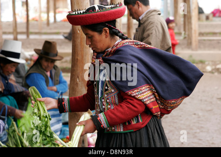 Quechua woman wearing traditional round hat on indigenous Sunday market in Chinchero near Cuzco, Peru, South America Stock Photo