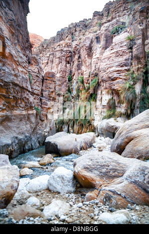 Landscape of the rocky mouth of the creek in Wadi Hasa Stock Photo