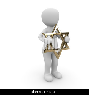 A Jewish character holds the star of david in his two hands. Stock Photo