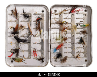 Box with fly flies. Fly fishing Stock Photo - Alamy