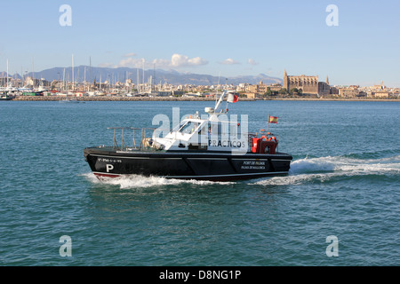 Port Pilot Service (PRACTICOS) launch returning to port past historic Palma Gothic Cathedral - of in the Port of Palma Stock Photo