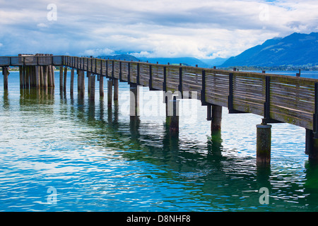 Wooden bridge over lake in Austria.