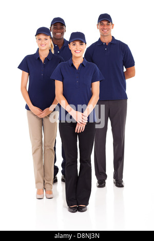 group of delivery service staff full length portrait on white Stock Photo