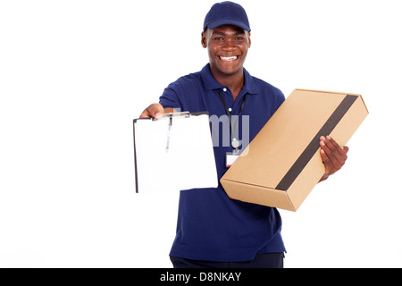 African American delivery man carrying parcel and presenting receiving form Stock Photo