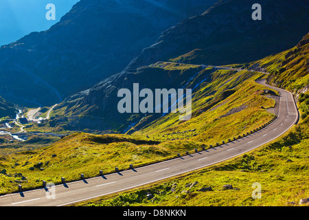 Road in Alps Swiss mountains. Stock Photo