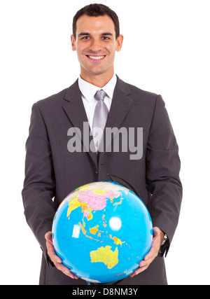 young handsome businessman holding a globe Stock Photo