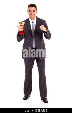 handsome young businessman holding trophy isolated on white Stock Photo