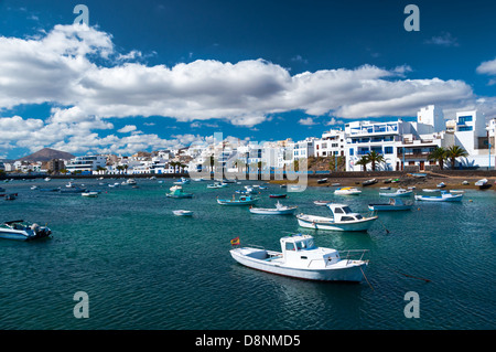 Fisher boats at the laguna Charco de San Gines, city of Arrecife, Lanzarote, Canary Islands Stock Photo