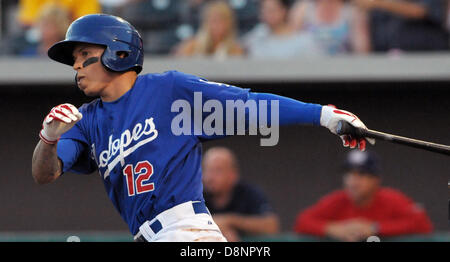 Albuquerque, New Mexico, USA. 1st June, 2013. Greg Sorber -- Isotopes second baseman Justin Sellers hits a double in the third inning of the game against Oklahoma City at Isotopes Park on Saturday, June 1, 2013. (Credit Image: Credit:  Greg Sorber/Albuquerque Journal/ZUMAPRESS.com/Alamy Live News) Stock Photo