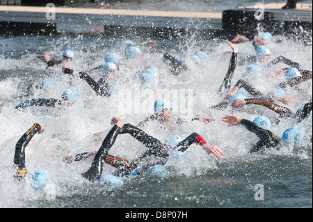 Open water swimming male competitors sprinting at start of a triathlon in freshwater wearing wetsuits crawl deep start freestyle Stock Photo