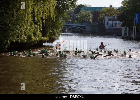 Windsor, UK. 2nd June, 2013. Competitors taking part in the Human Race Open Water Swim Series in Windsor, Berkshire on the River Thames. The competitors swim either 750m, 1500m or 3km. Credit:  Andrew Spiers/Alamy Live News Stock Photo