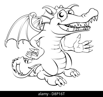 Black and white illustration of a happy cartoon dragon Stock Photo
