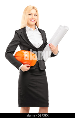 Female architect in black suit holding a helmet and a blueprint isolated against white background Stock Photo
