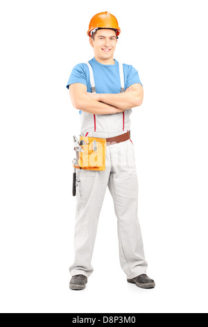 Full length portrait of a confident repairman in a uniform, isolated on white background Stock Photo